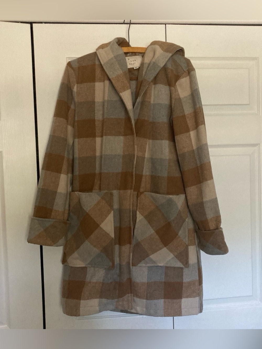 a new day Plaid Hooded Trench Coat in Camel and Gray